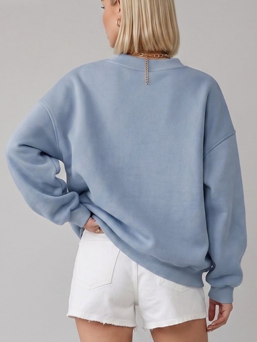 Women's Blue Oversized V-Neck Sweatshirt Drop Shoulder Casual Pullover Top - Picture 3 of 4